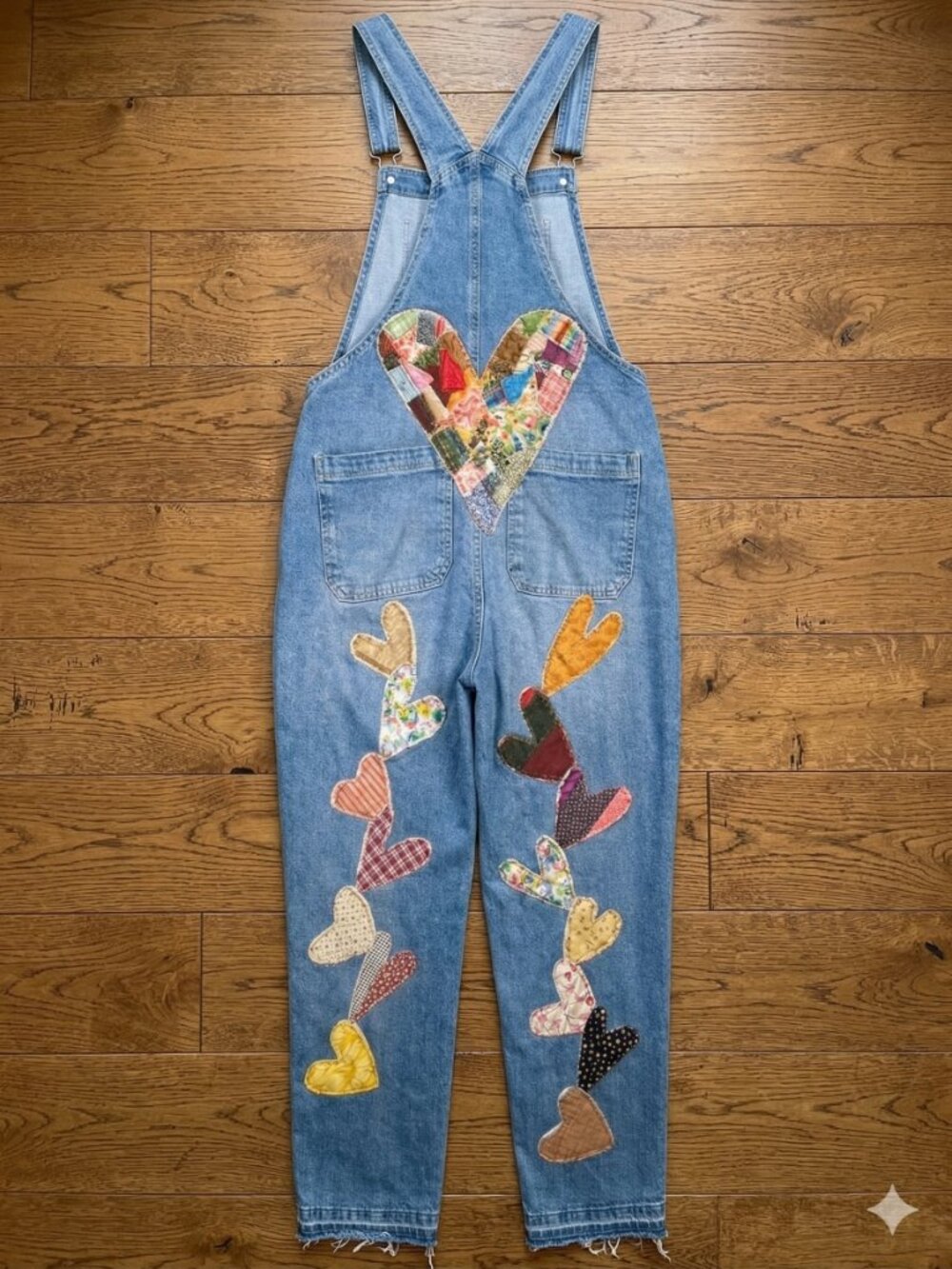OOAK Patchwork Cat Overalls Dopamine Dressing Upcycled Denim Boho Medium - Picture 2 of 8